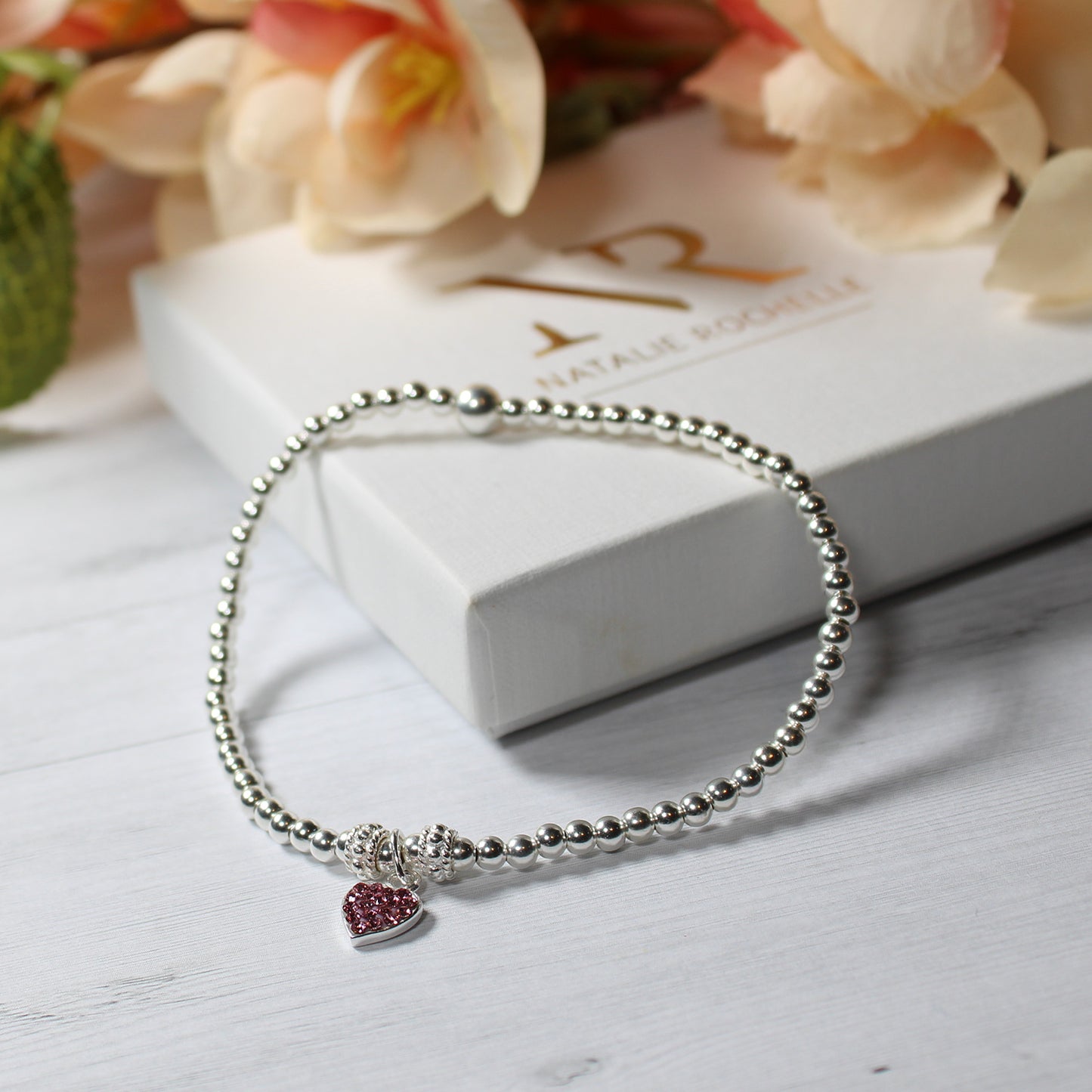 Sterling Silver Beaded Bracelet with Sparkly Pink Stone Heart