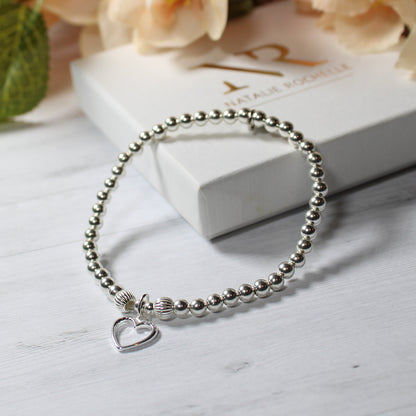 Sterling Silver Beaded Stacking Bracelet with Hollow Heart Charm