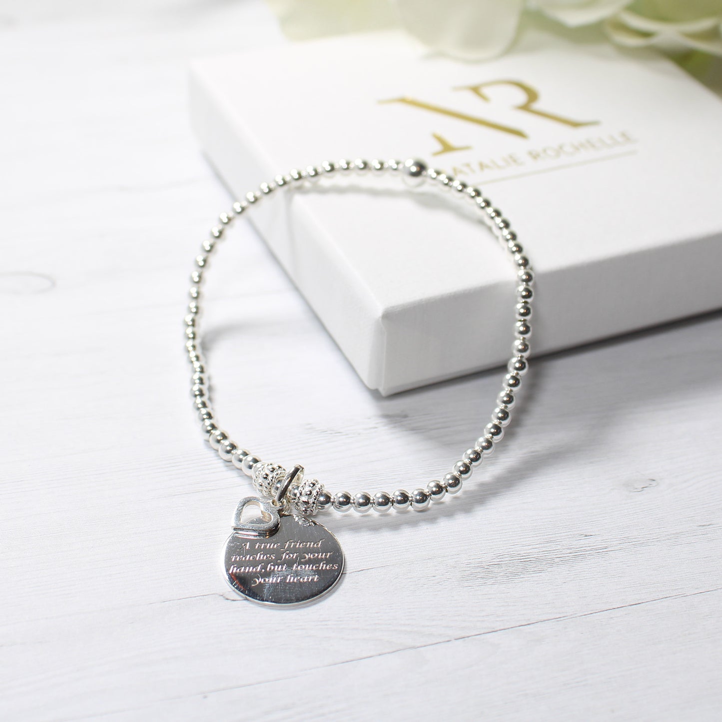 Sterling Silver True Friend Beaded Heart Charm Friendship Bracelet